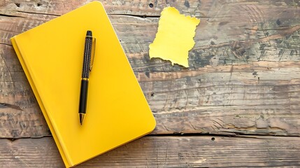 Aufkleber - Blank yellow notebook with pen are on top of wood office desk table  torn paper or business card Top view with copy space flat lay : Generative AI