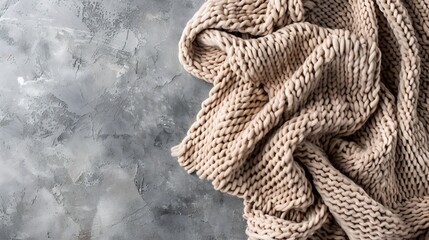 Leinwandbilder - Beige knitted blanket on gray concrete background with copy spaceAutumn winter  conceptFlat lay top view : Generative AI