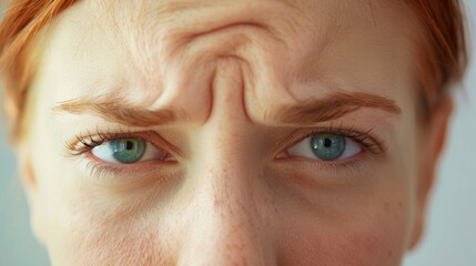 Close-up of a furrowed brow and tensed eyes depicting a headache, set against a stark white backdrop for a clean look.