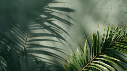 Aufkleber - Palm leaf shadow on a green wall background Olive color stylish flat lay with trendy shadow and sun light : Generative AI