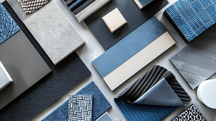 Wall Mural - Flat lay composition of stylish architect moodboard with samples of textile paint blue wooden lamella panels and tiles White black blue and light grey color palette Copy space Template : Generative AI