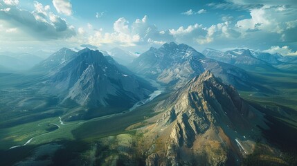 Wall Mural - Aerial view of Jasper National Park, rocky peaks and forested valleys
