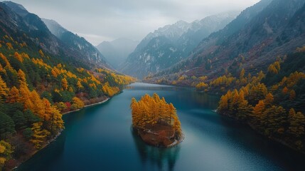Wall Mural - Aerial view of Jiuzhaigou Valley, multi-colored lakes and forested ridges