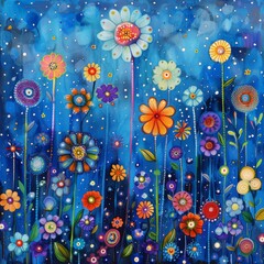 Wall Mural - watercolor painting of vibrant flowers in the night sky