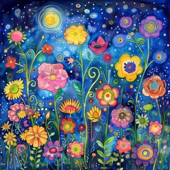 Wall Mural - watercolor painting of vibrant flowers in the night sky