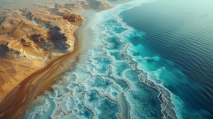 Wall Mural - Aerial view of the Dead Sea, crystal formations and contrasting desert