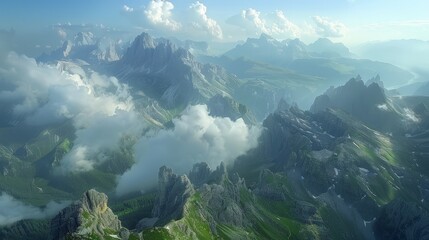 Wall Mural - Aerial view of the Dolomites, jagged peaks and lush valleys