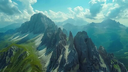 Wall Mural - Aerial view of the Dolomites, jagged peaks and lush valleys