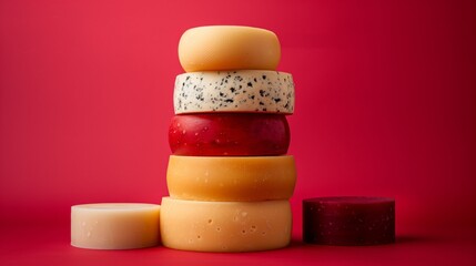 Wall Mural - A stack of assorted cheese wheels on a vibrant red background