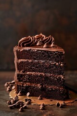 Poster - A decadent chocolate cake with multiple layers and chocolate shavings on top