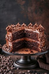 Sticker - A decadent chocolate cake with a slice taken out, displayed on a cake stand.