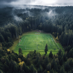 Wall Mural - Aerial view of a football field in the forest during a cloudy day.