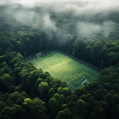 Wall Mural - Aerial view of a soccer field in the forest with fog.