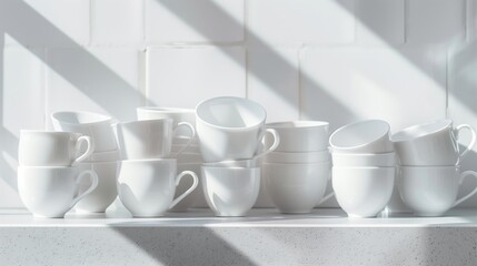 Poster - A collection of white cups and bowls neatly arranged on a kitchen shelf