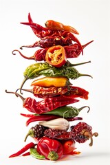 Poster - A vibrant vertical stack of various fresh chili peppers on a white background