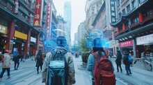 Digital Urban Exploration: Two Friends Navigating With Augmented Reality Through Bustling Streets Of Shanghai, Discovering Historical Facts And Directions Displayed Virtually.
