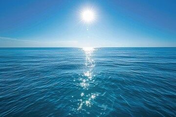 Wall Mural - Horizon Water. Blue Sky and Ocean Background with Calm Seas and White Sun