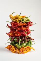 Wall Mural - A colorful stack of various fresh and dried chili peppers on a white background