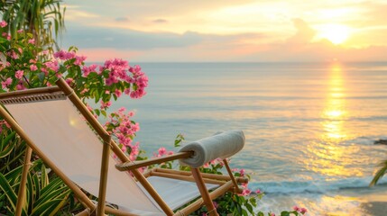 Wall Mural - Elegant bamboo beach chair with white fabric, surrounded by pink flowering plants, serene ocean view in the background, golden sunset lighting, high-definition photography texture.