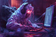 The ghost is sitting at computers with headphones and a microphone on his head