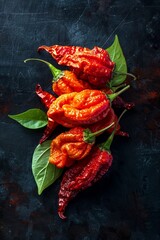 Poster - Assortment of vibrant red chili peppers with fresh green leaves on a dark background