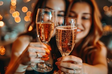 Wall Mural - Two women are holding up champagne glasses, toasting to a special occasion