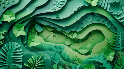 green abstract 3d papercut. World Environment Day header with green abstract paper cut shapes. Trending modern abstract paper cut out background texture design.