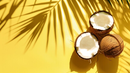 Canvas Print - Fresh coconuts on a bright yellow background with tropical palm shadow overlay