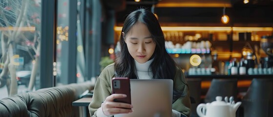 Wall Mural - diligent asian businesswoman engaged in remote work at a coffee shop, utilizing laptop and smartphon
