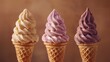 Three varieties of soft serve ice cream in waffle cones on a brown background