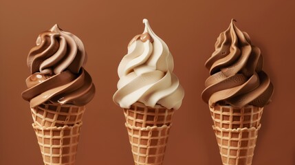 Wall Mural - Three varieties of soft serve ice cream cones on a brown background