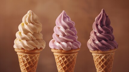 Canvas Print - Three varieties of soft serve ice cream in waffle cones on a brown background