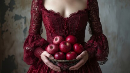 Wall Mural -   A woman in a red dress holds a basket of apples before a grungy textured wall