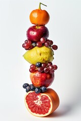 Sticker - A vibrant tower of assorted fresh fruits stacked with a white background.