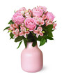 Bouquet of small roses and alstroemeria  flowers in a pink vase isolated on white or transparent background