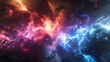 Two electric discharges of different colours meet in a galaxy. Hyperrealistic.