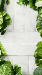 Poster - Assortment of fresh green vegetables on white wooden background with copy space