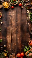 Wall Mural - A variety of fresh ingredients spread out on a dark wooden background