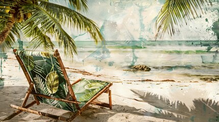 Wall Mural - Rustic bamboo beach chair with green leaf-patterned fabric, adjacent to a small palm tree, panoramic view of a deserted Caribbean beach, morning light, high-definition photography texture.