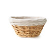 Empty straw basket,wicker round shape isolated on white.