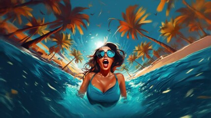 Wall Mural - happy summer girl with sunglasses in pool tropical summer design