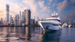 Majestic Yacht Anchored in the Vibrant Cityscape of Mumbai Harbor