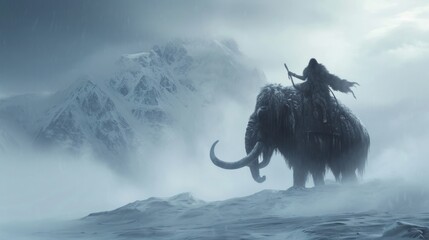 Wall Mural - a warrior riding a mammoth in wild prehistoric times. fantasy and surreal.