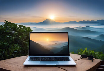 concept business freelance day new start morning background fog mountain sunrise table wooden mobile laptop a siam adventure cold communication computer digital discovery alkaline forest