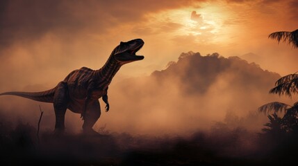 Wall Mural - dinosaur stands in prehistoric environment with a erupting volcano. photorealistic.