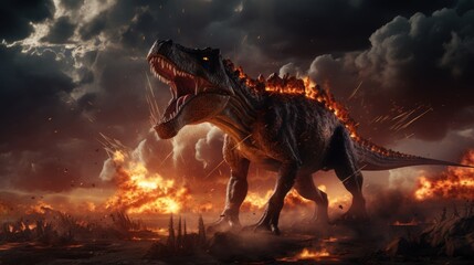 Wall Mural - dinosaur in fire flame in a burning forest. photorealistic.