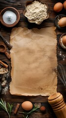 Sticker - Rustic baking scene with ingredients and utensils on a wooden table with parchment paper.