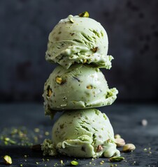 Canvas Print - Three scoops of pistachio ice cream stacked on a dark background, with nuts sprinkled around.