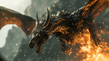 Wall Mural - Powerful dragon flying in sky with clouds and fire flame.