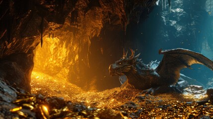 Wall Mural - A giant dragon resting in cave full of treasure gold.